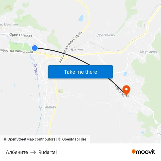 Албените to Rudartsi map