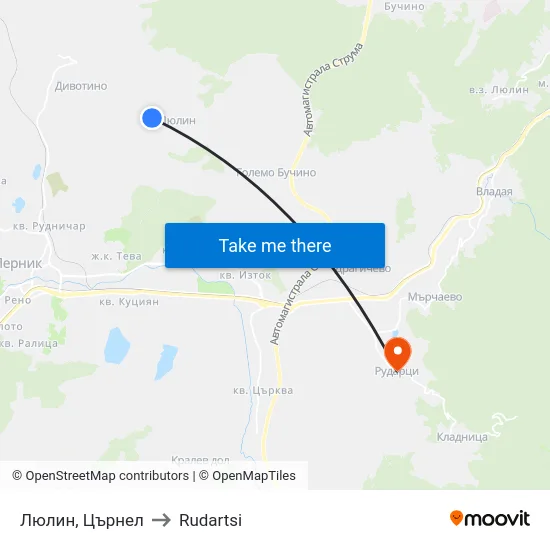 Люлин, Църнел to Rudartsi map