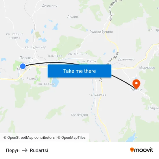 Перун to Rudartsi map
