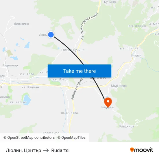Lyulin, Center to Rudartsi map