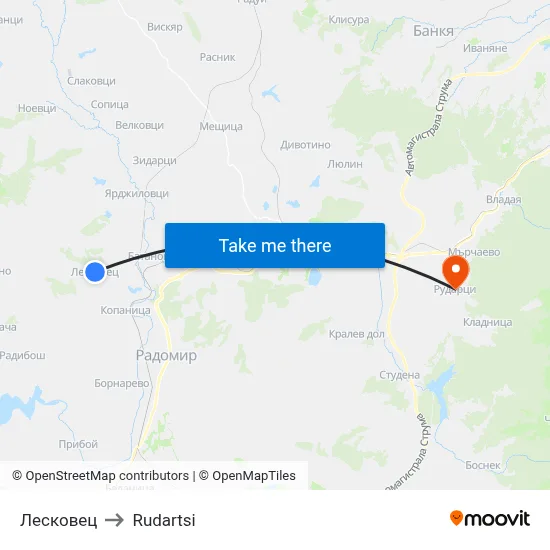 Leskovets to Rudartsi map