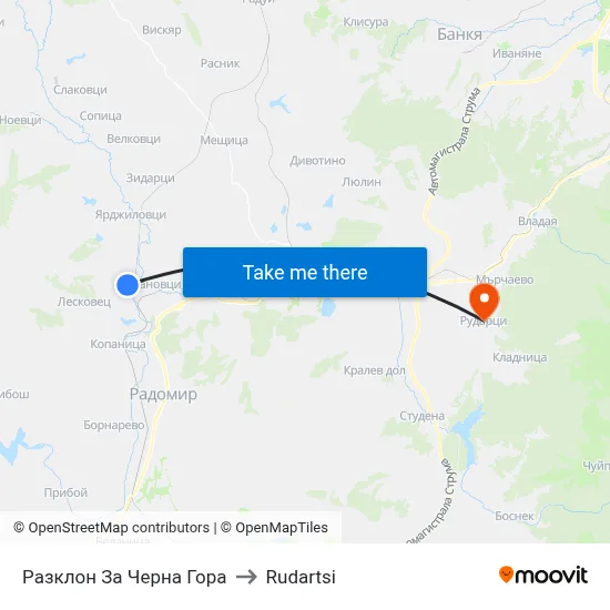 Cherna Gora Junction to Rudartsi map