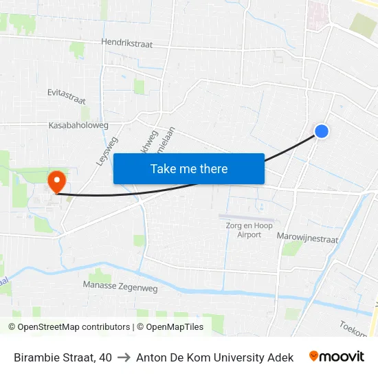 Birambie Straat, 40 to Anton De Kom University Adek map