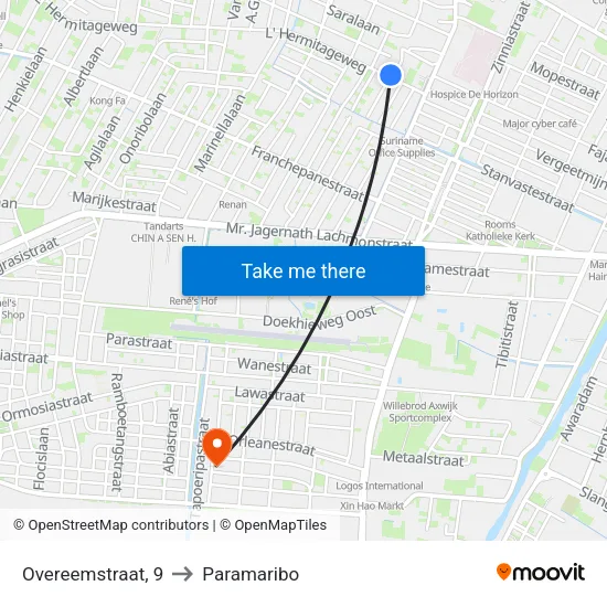Overeemstraat, 9 to Paramaribo map