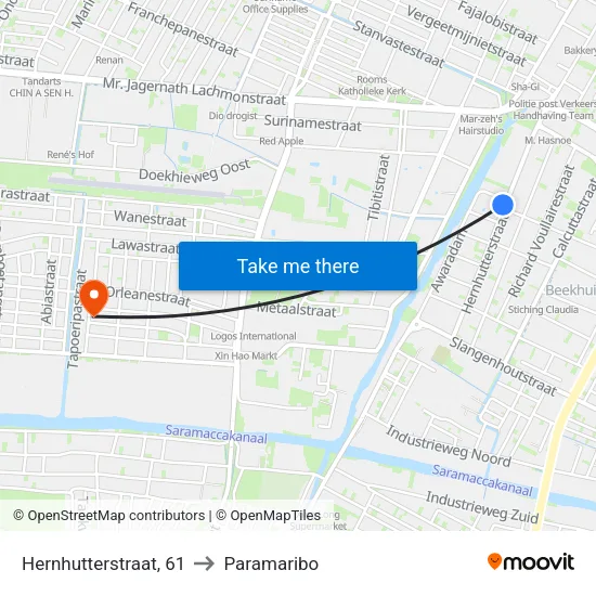 Hernhutterstraat, 61 to Paramaribo map