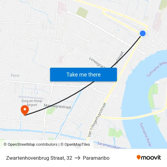 Zwartenhovenbrug Straat, 32 to Paramaribo map
