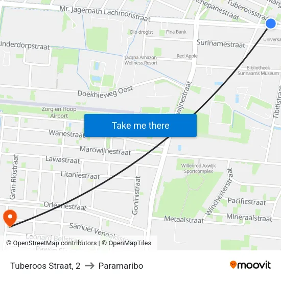 Tuberoos Straat, 2 to Paramaribo map