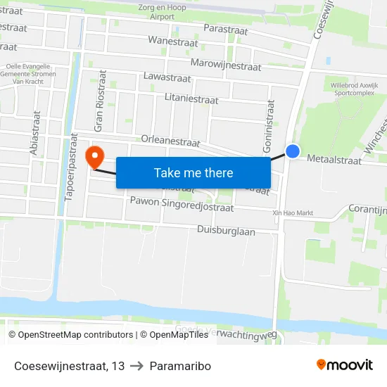 Coesewijnestraat, 13 to Paramaribo map