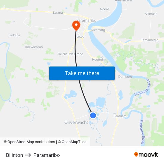 Bilinton to Paramaribo map