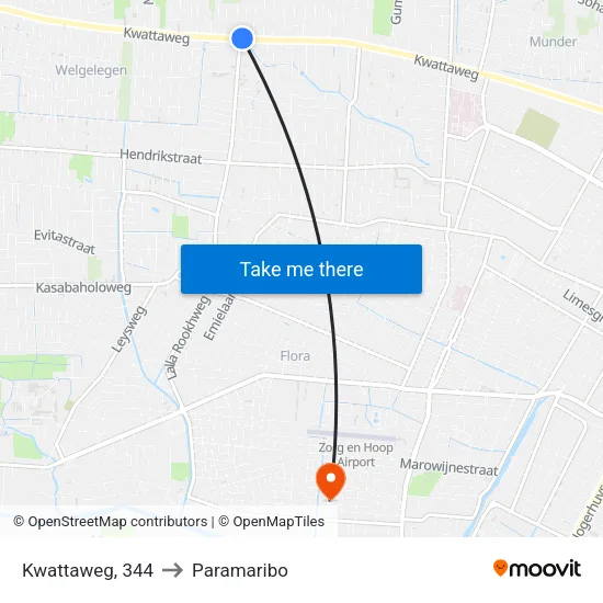 Kwattaweg, 344 to Paramaribo map