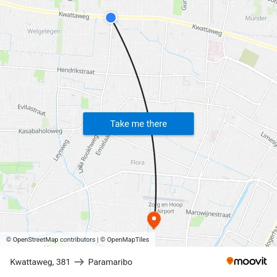 Kwattaweg, 381 to Paramaribo map