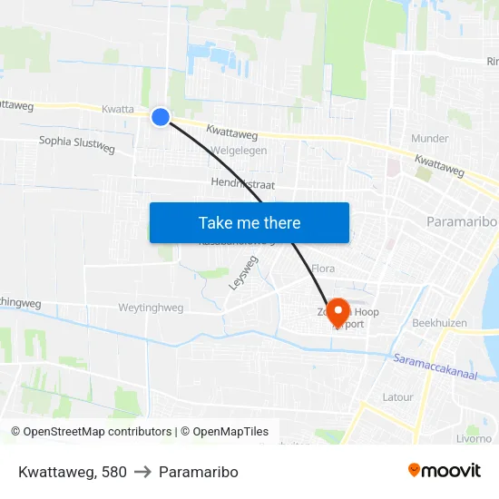 Kwattaweg, 580 to Paramaribo map