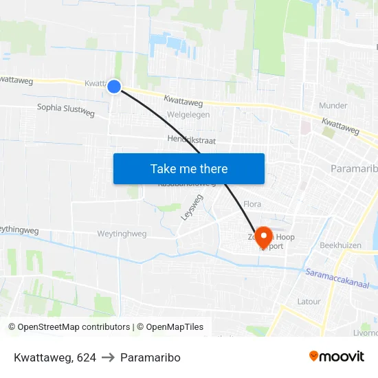 Kwattaweg, 624 to Paramaribo map