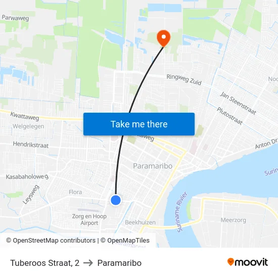 Tuberoos Straat, 2 to Paramaribo map