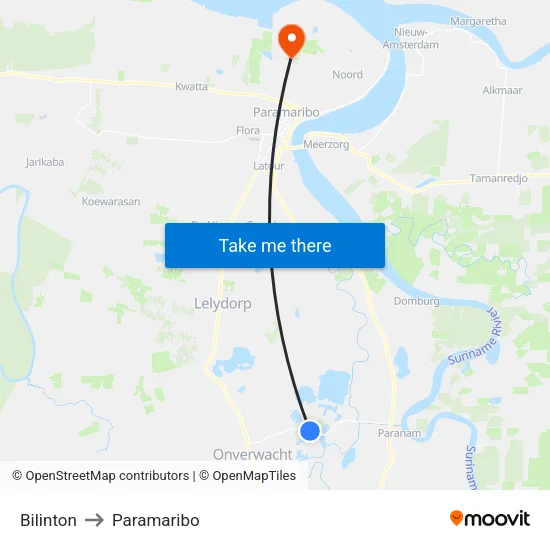 Bilinton to Paramaribo map