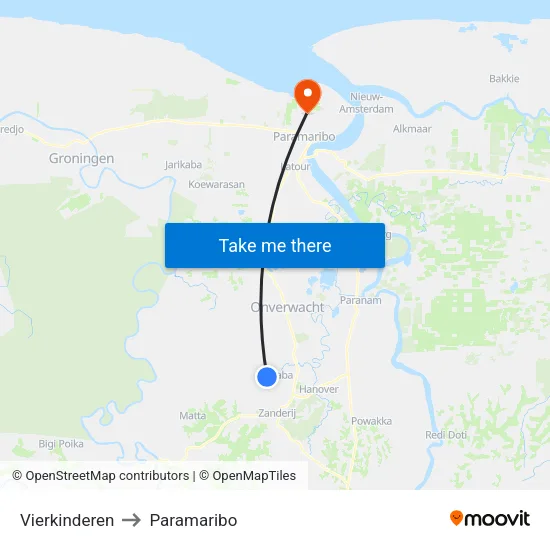 Vierkinderen to Paramaribo map