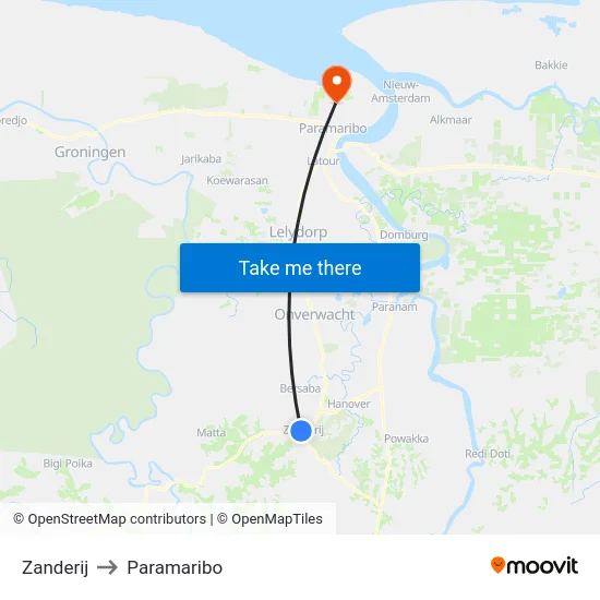 Zanderij to Paramaribo map