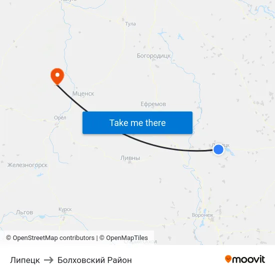 Липецк to Болховский Район map