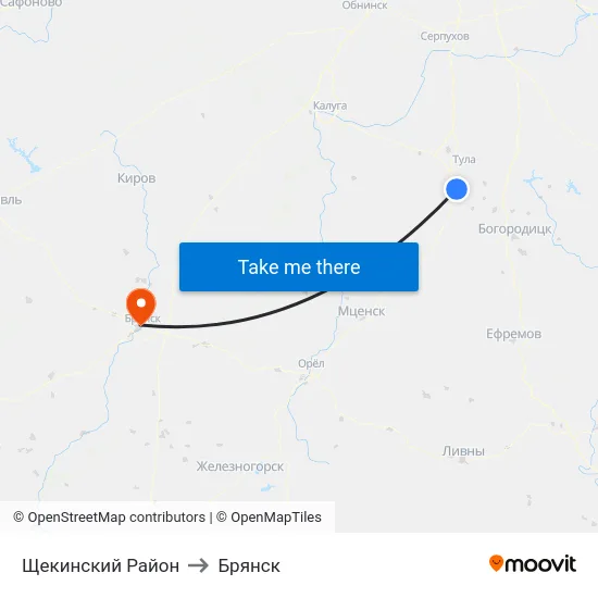 Щекинский Район to Брянск map
