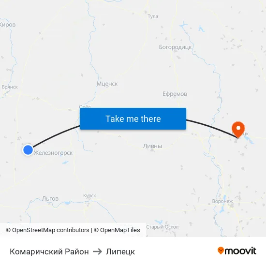 Комаричский Район to Липецк map