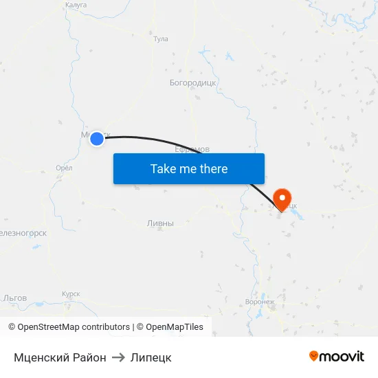 Мценский Район to Липецк map