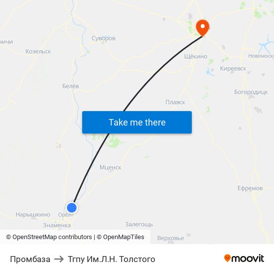 Промбаза to Тгпу Им.Л.Н. Толстого map