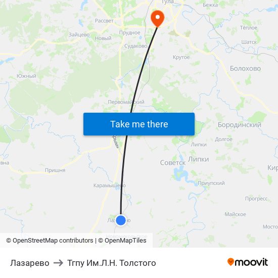 Лазарево to Тгпу Им.Л.Н. Толстого map