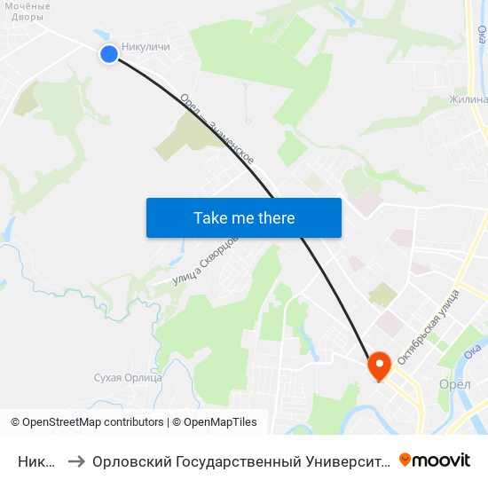 Никуличи to Орловский Государственный Университет. Медицинский Институт map