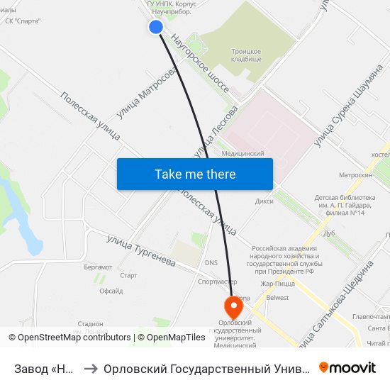 Завод «Научприбор» to Орловский Государственный Университет. Медицинский Институт map