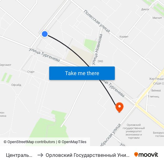 Центральный Стадион to Орловский Государственный Университет. Медицинский Институт map