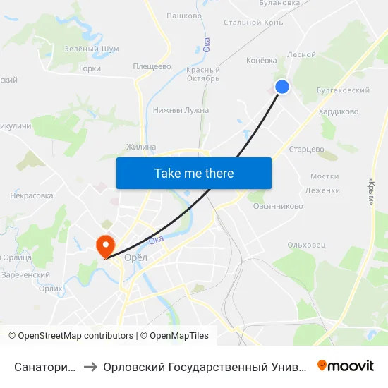 Санаторий «Лесной» to Орловский Государственный Университет. Медицинский Институт map