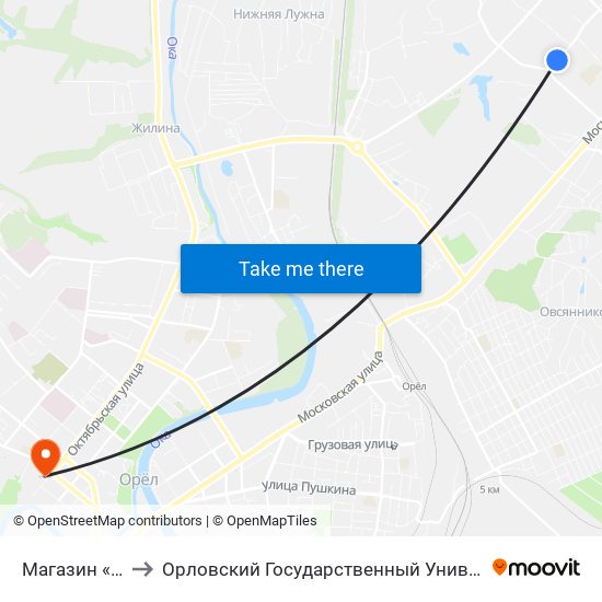 Магазин «Звёздный» to Орловский Государственный Университет. Медицинский Институт map