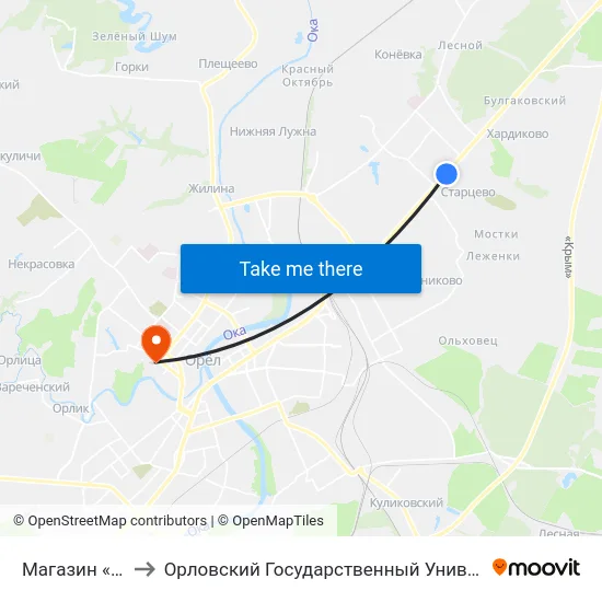 Магазин «Пятёрочка» to Орловский Государственный Университет. Медицинский Институт map