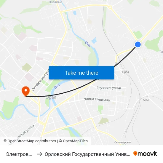 Электровозная Улица to Орловский Государственный Университет. Медицинский Институт map