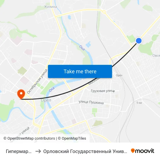 Гипермаркет «Лента» to Орловский Государственный Университет. Медицинский Институт map
