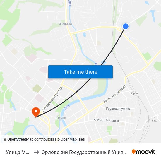 Улица Михалицына to Орловский Государственный Университет. Медицинский Институт map