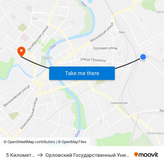 5 Километр (Выгонка) to Орловский Государственный Университет. Медицинский Институт map