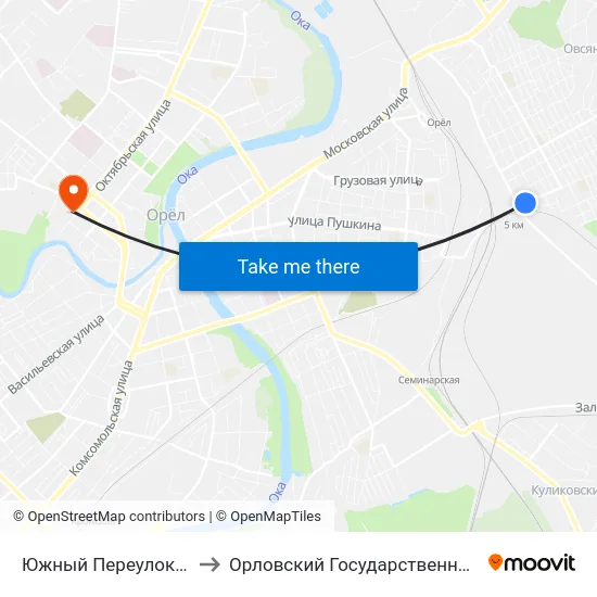 Южный Переулок (Платформа «5 Километр») to Орловский Государственный Университет. Медицинский Институт map