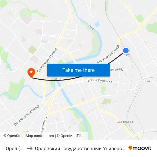 Орёл (Вокзал) to Орловский Государственный Университет. Медицинский Институт map