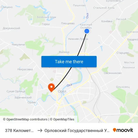 378 Километр (Нижняя Лужна) to Орловский Государственный Университет. Медицинский Институт map