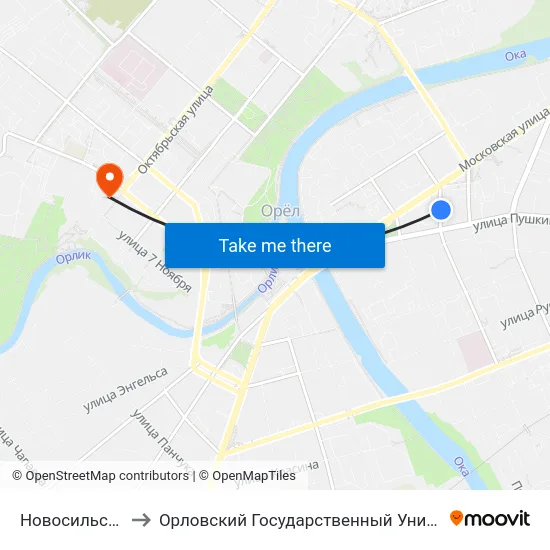 Новосильский Переулок to Орловский Государственный Университет. Медицинский Институт map