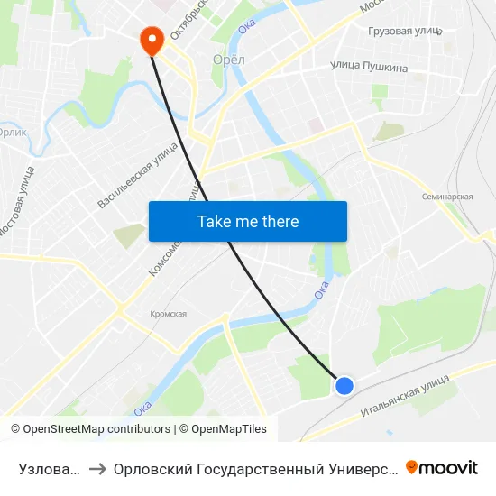 Узловая Улица to Орловский Государственный Университет. Медицинский Институт map