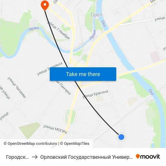 Городская Улица to Орловский Государственный Университет. Медицинский Институт map