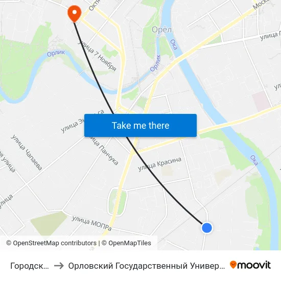 Городская Улица to Орловский Государственный Университет. Медицинский Институт map