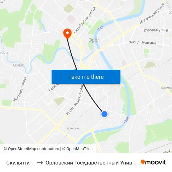 Скульптурная Улица to Орловский Государственный Университет. Медицинский Институт map