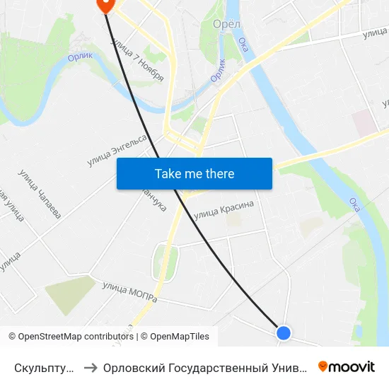 Скульптурная Улица to Орловский Государственный Университет. Медицинский Институт map