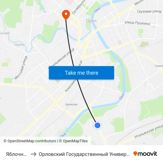 Яблочная Улица to Орловский Государственный Университет. Медицинский Институт map