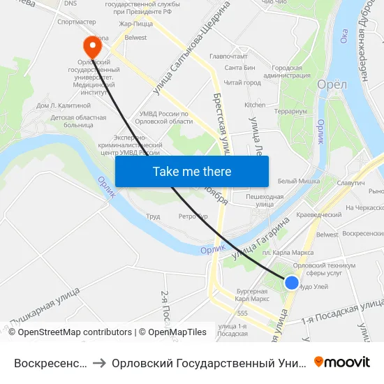 Воскресенская Площадь to Орловский Государственный Университет. Медицинский Институт map