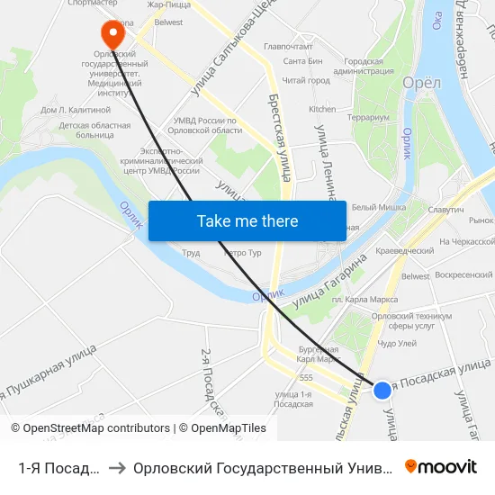 1-Я Посадская Улица to Орловский Государственный Университет. Медицинский Институт map