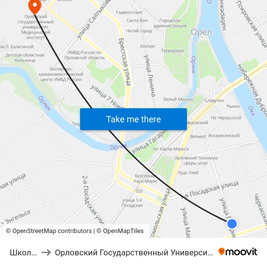 Школа №26 to Орловский Государственный Университет. Медицинский Институт map